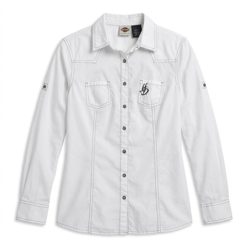 Harley Davidson Embroidered Wings Logo Button Down Shirt White Womens Medium